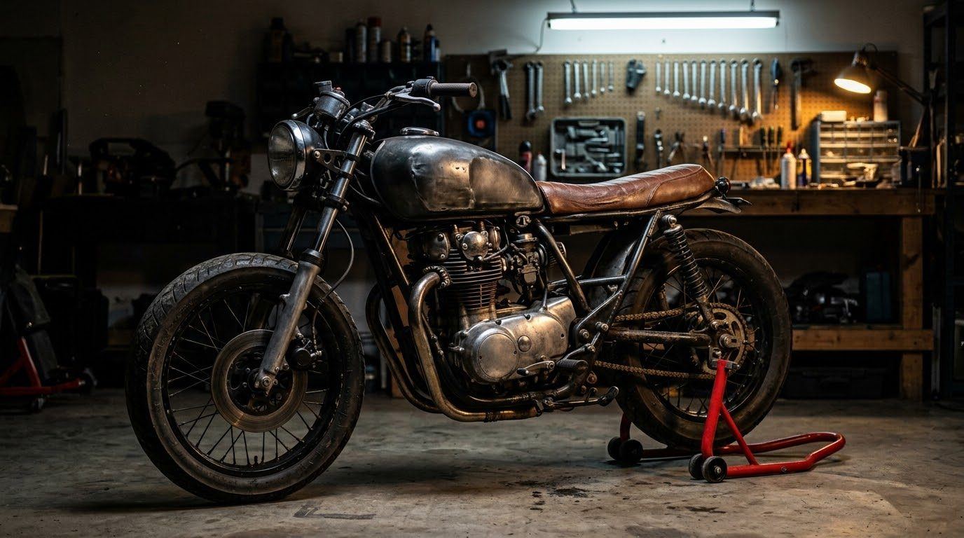 A high-mileage naked motorcycle on a paddock stand in a home workshop